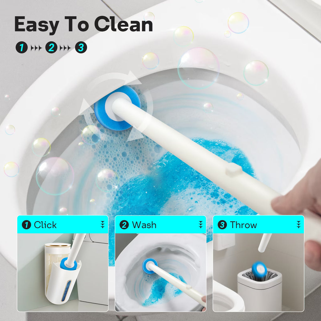 Disposable Toilet Bowl Brush with 24 Refill Pads & Wall-Mounted Storage Caddy