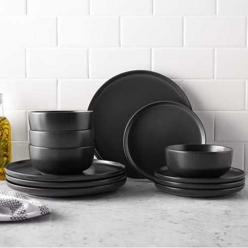 12-Piece Matte Black Stoneware Dinnerware Set for Everyday Dining