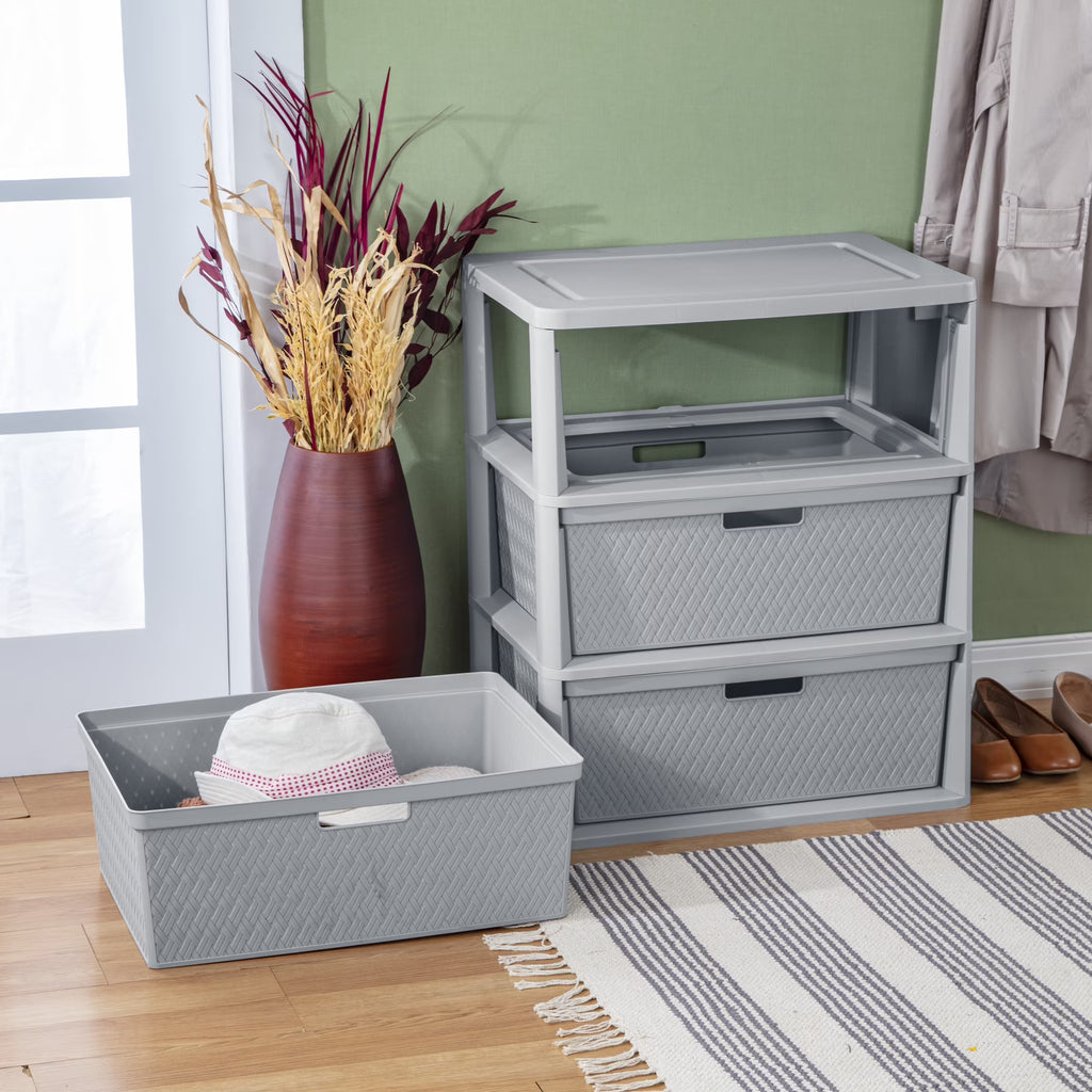 Wide 3-Drawer Plastic Storage Tower with Removable Decorative Bins – Gray