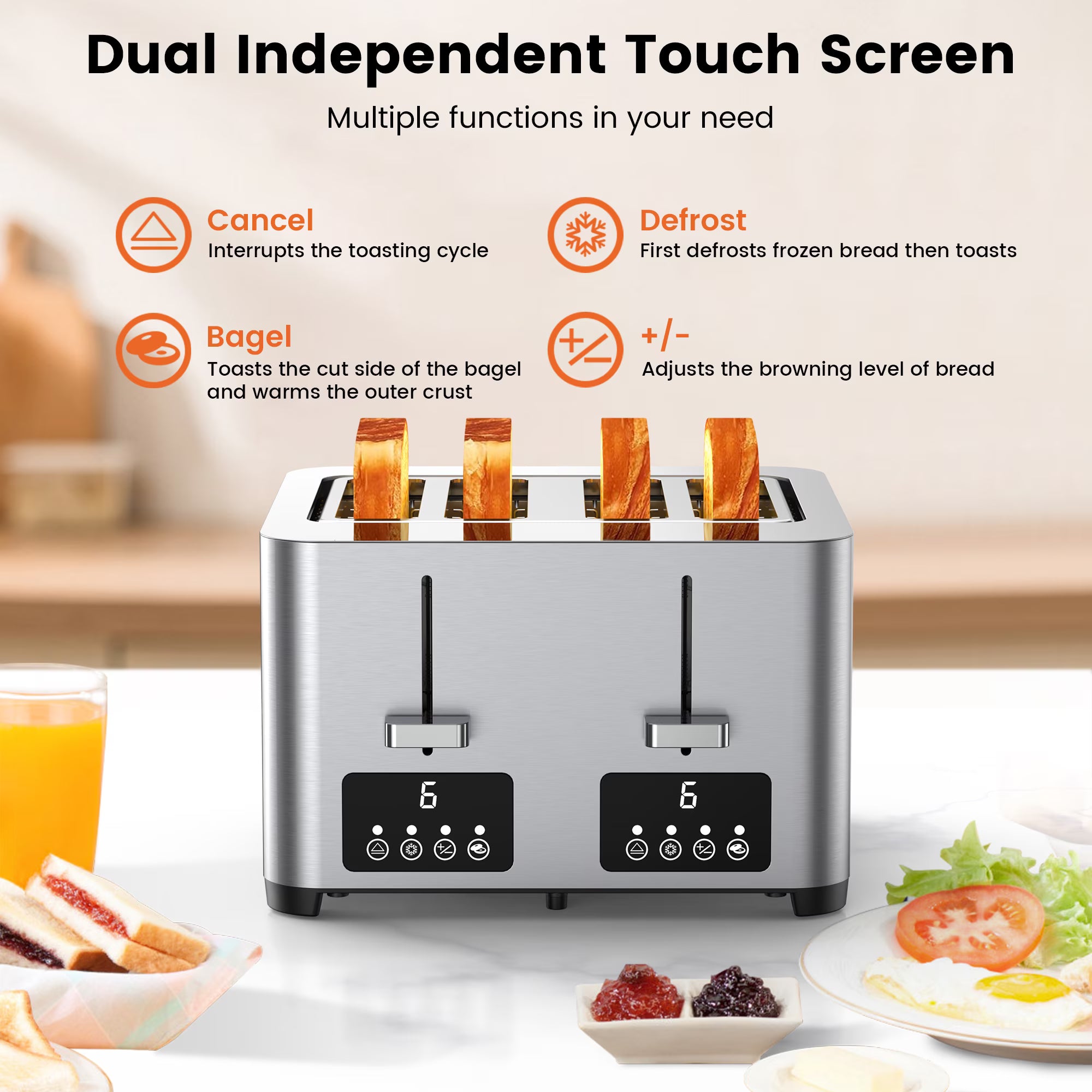 4-Slice Stainless Steel Touchscreen Toaster with 6 Browning Settings