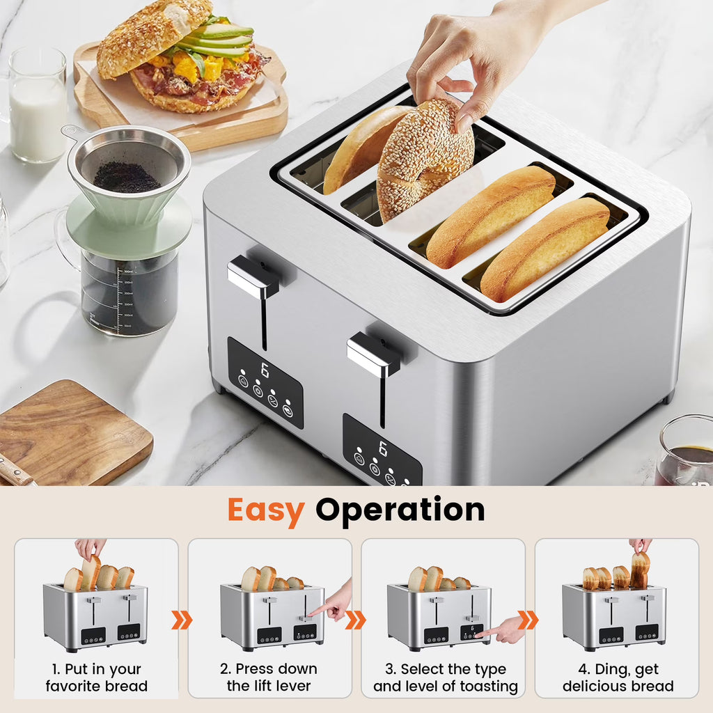 4-Slice Stainless Steel Touchscreen Toaster with 6 Browning Settings