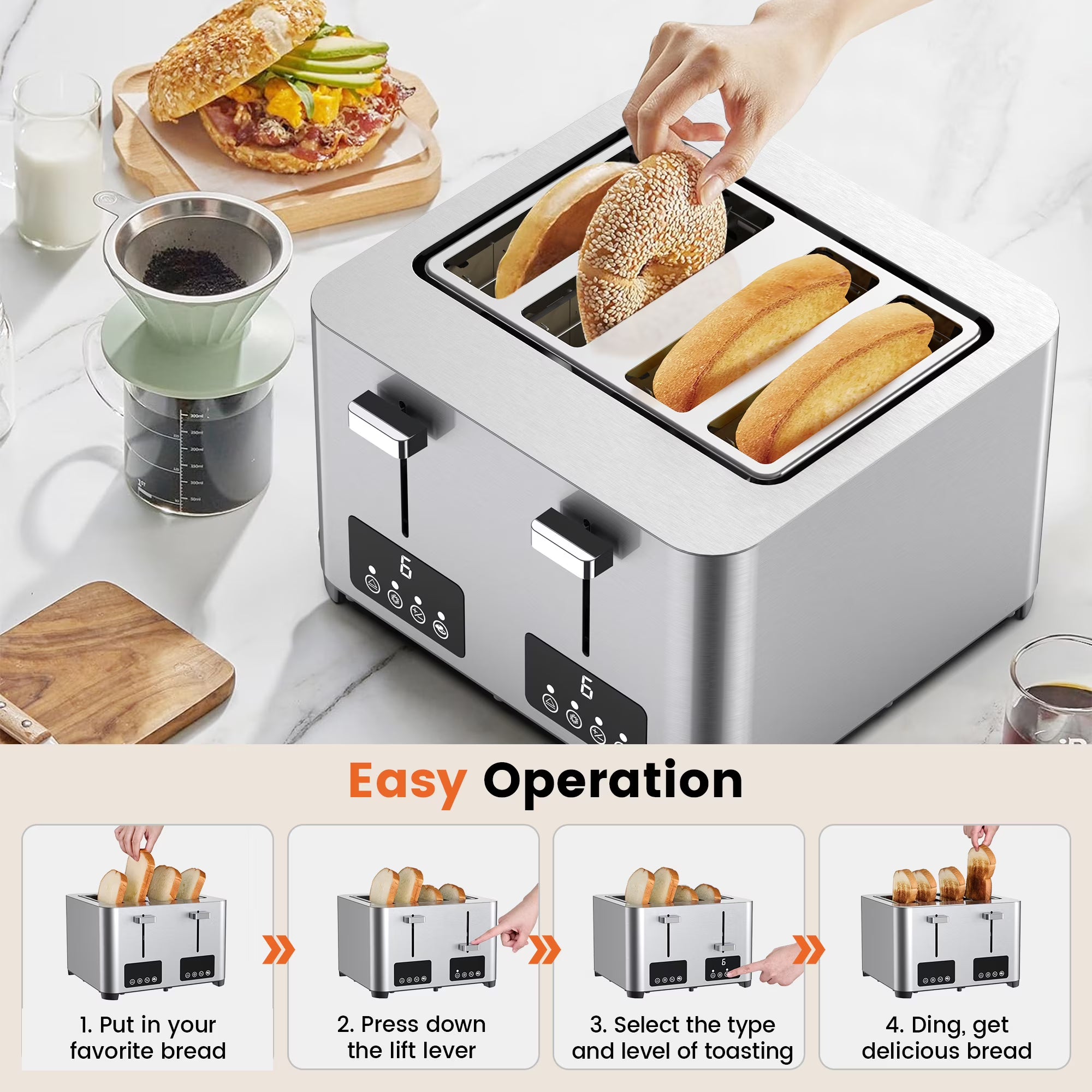4-Slice Stainless Steel Touchscreen Toaster with 6 Browning Settings