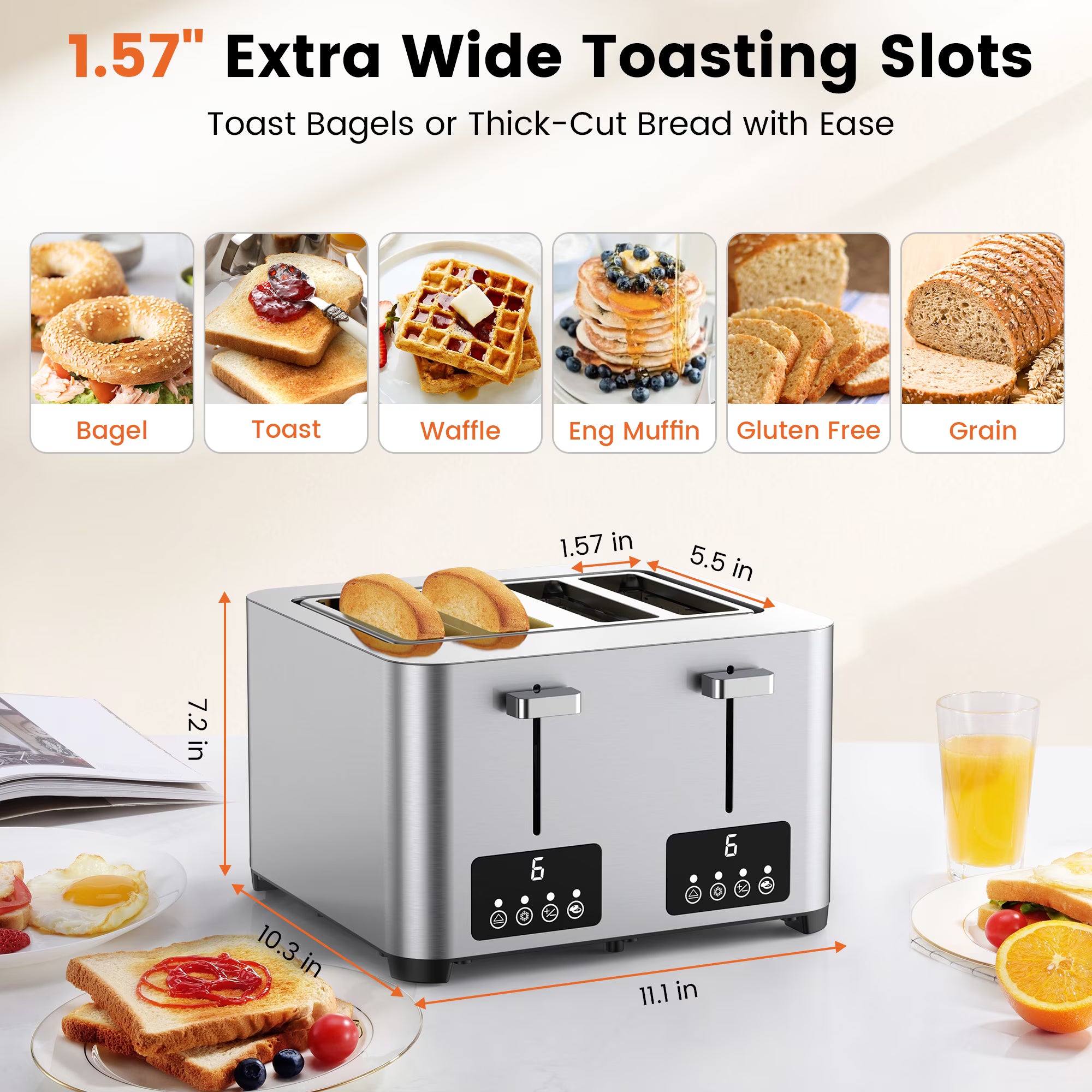 4-Slice Stainless Steel Touchscreen Toaster with 6 Browning Settings
