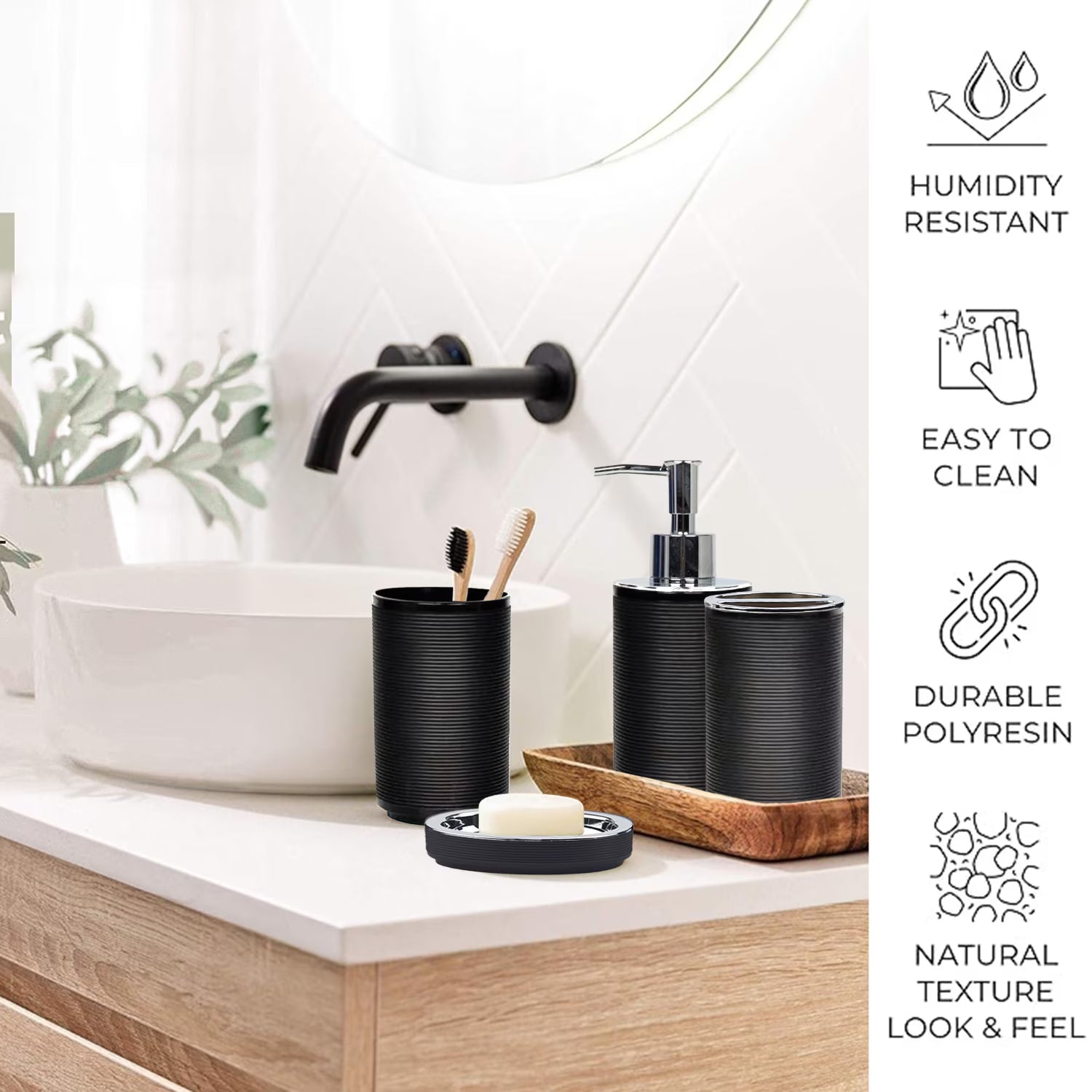6-Piece Black Bathroom Accessories Set with Soap Dispenser, Toothbrush Holder & More