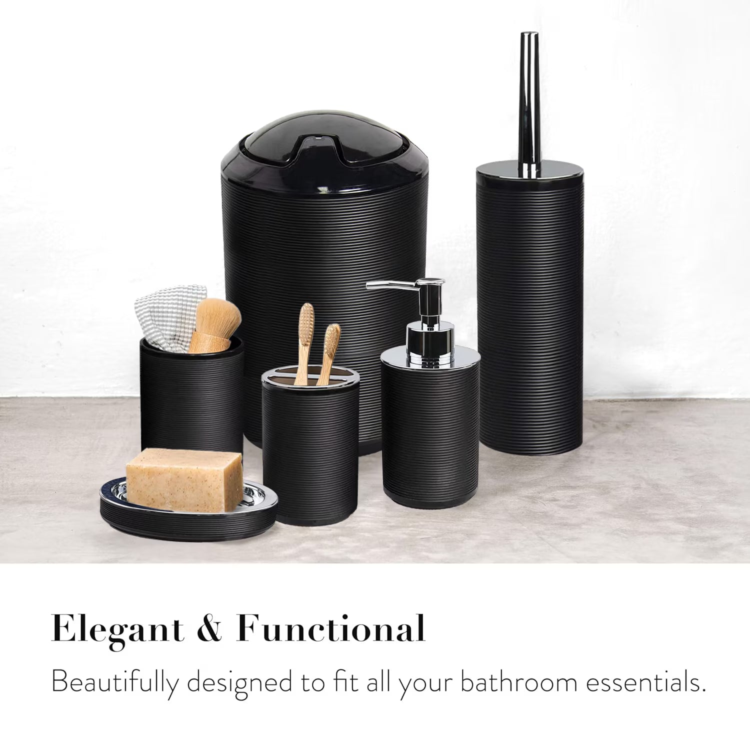 6-Piece Black Bathroom Accessories Set with Soap Dispenser, Toothbrush Holder & More