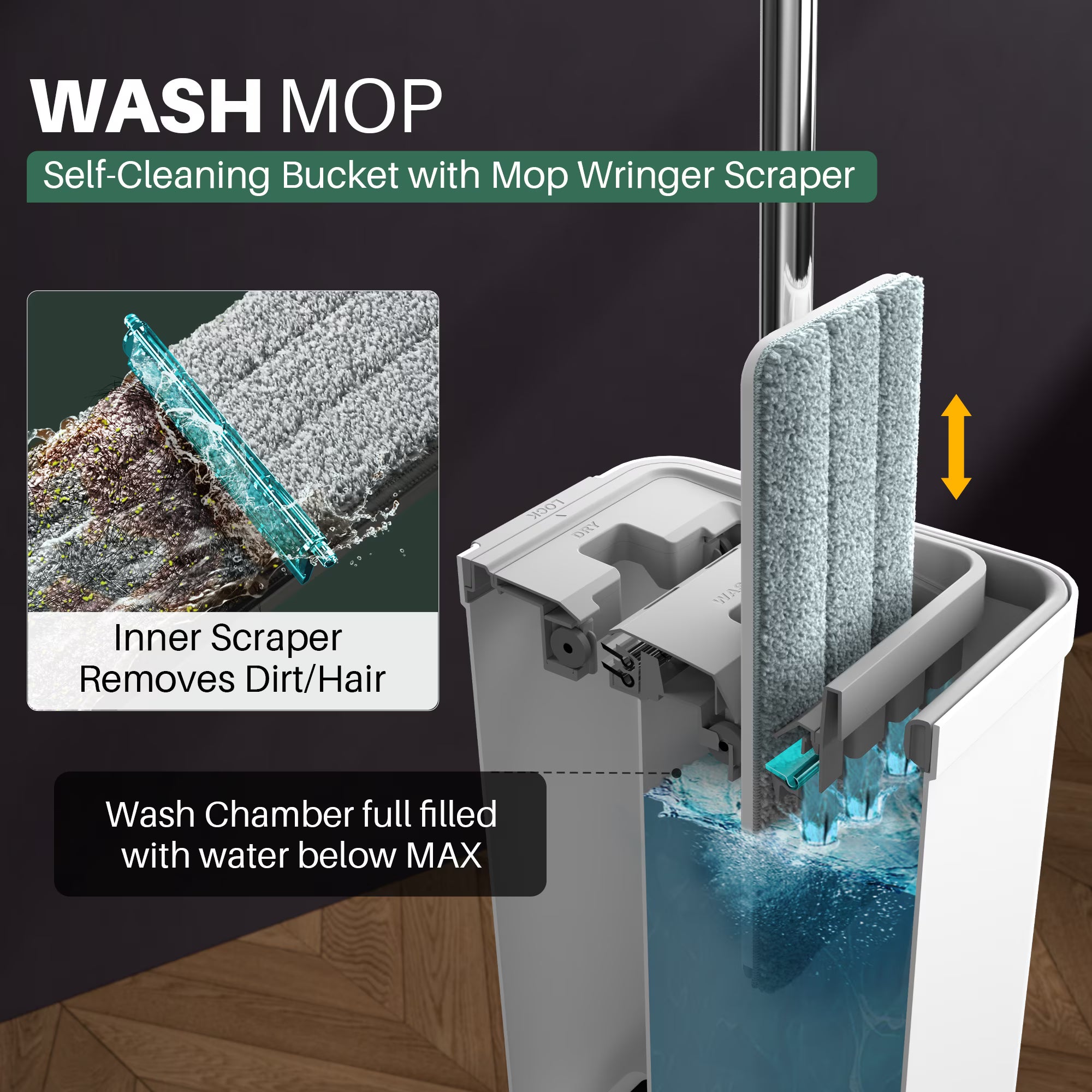 Flat Mop and Bucket with Wringer Set – Wall Cleaning Mop with 5 Microfiber Pads