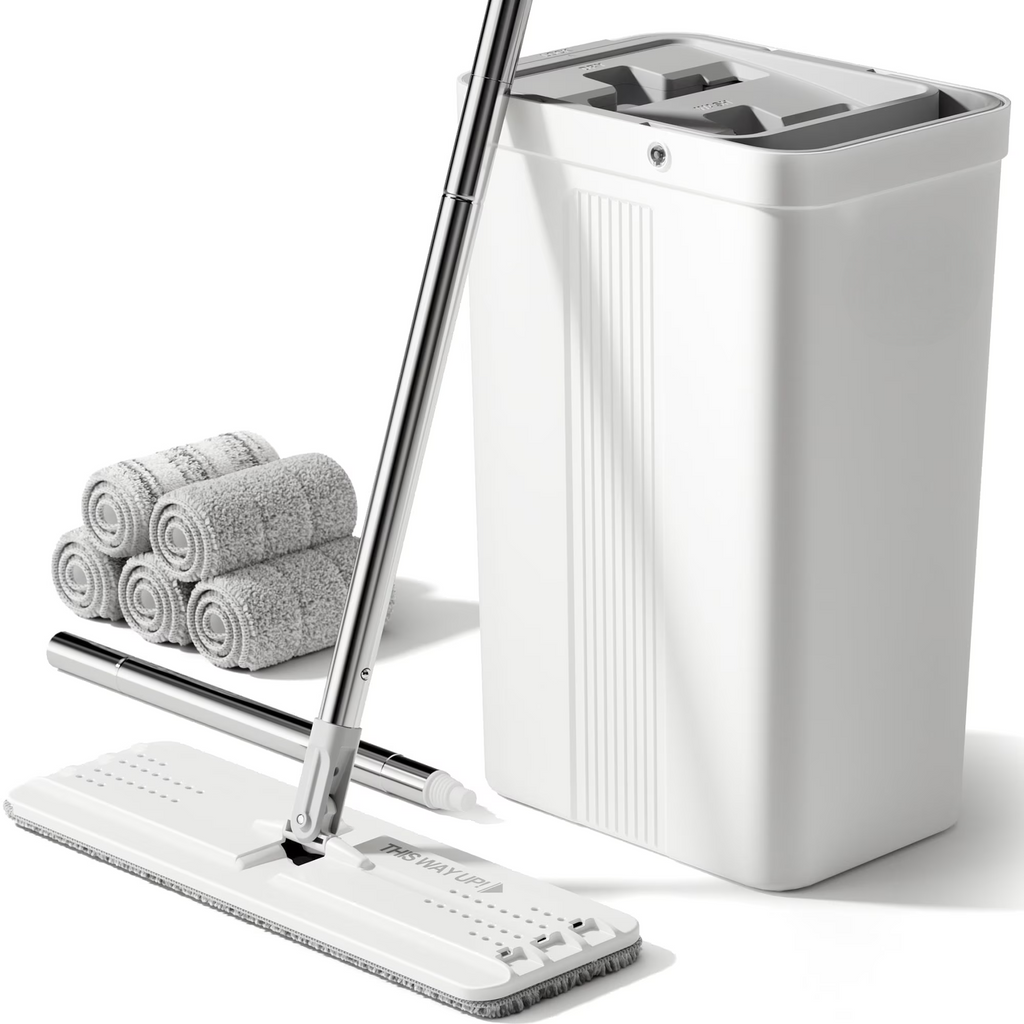 Flat Mop and Bucket with Wringer Set – Wall Cleaning Mop with 5 Microfiber Pads