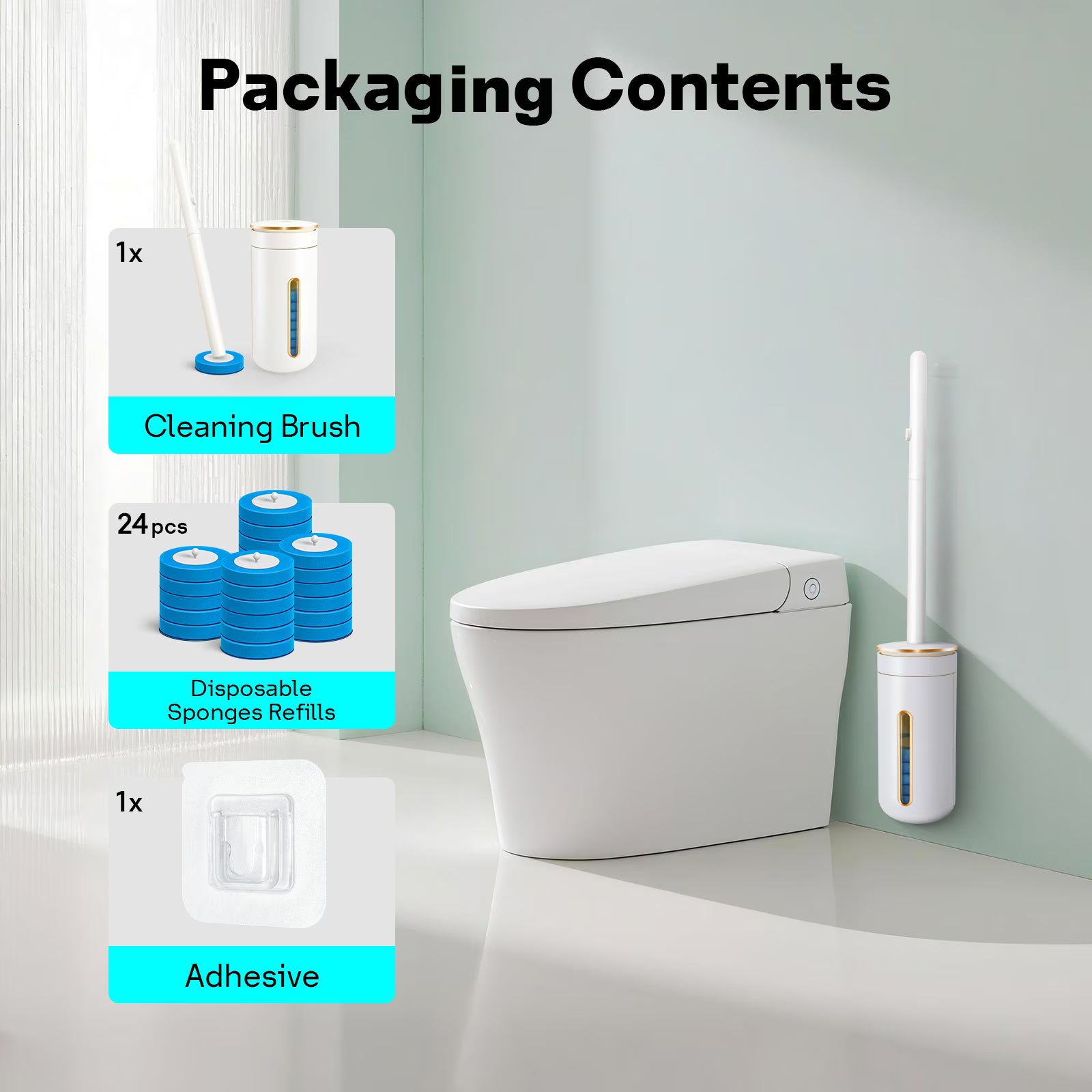 Disposable Toilet Bowl Brush with 24 Refill Pads & Wall-Mounted Storage Caddy