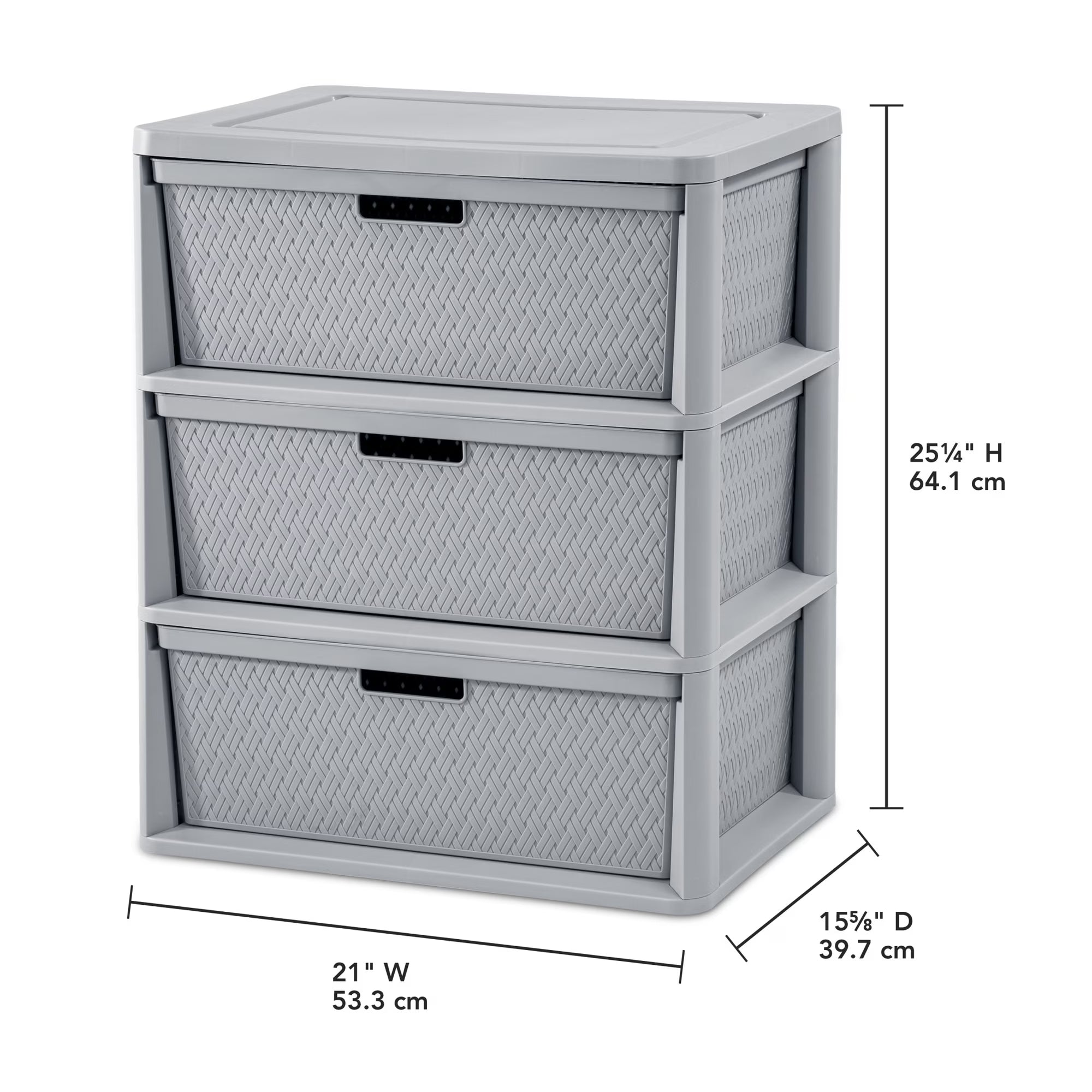 Wide 3-Drawer Plastic Storage Tower with Removable Decorative Bins – Gray