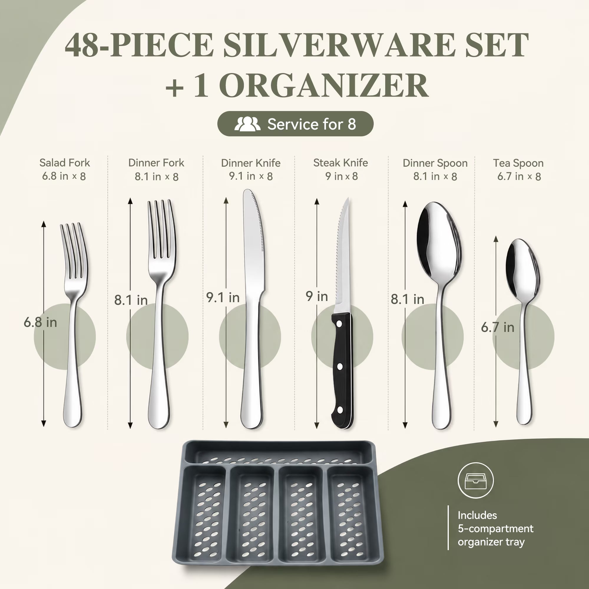 48-Piece Stainless Steel Silverware Set with Organizer for 8 – Dishwasher Safe