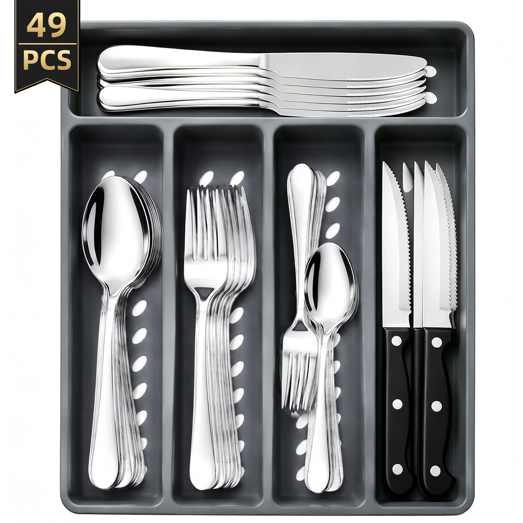 48-Piece Stainless Steel Silverware Set with Organizer for 8 – Dishwasher Safe