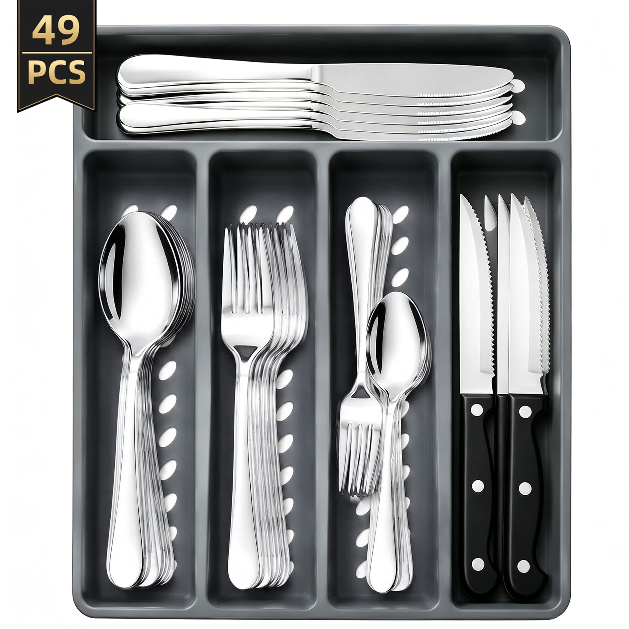 48-Piece Stainless Steel Silverware Set with Organizer for 8 – Dishwasher Safe