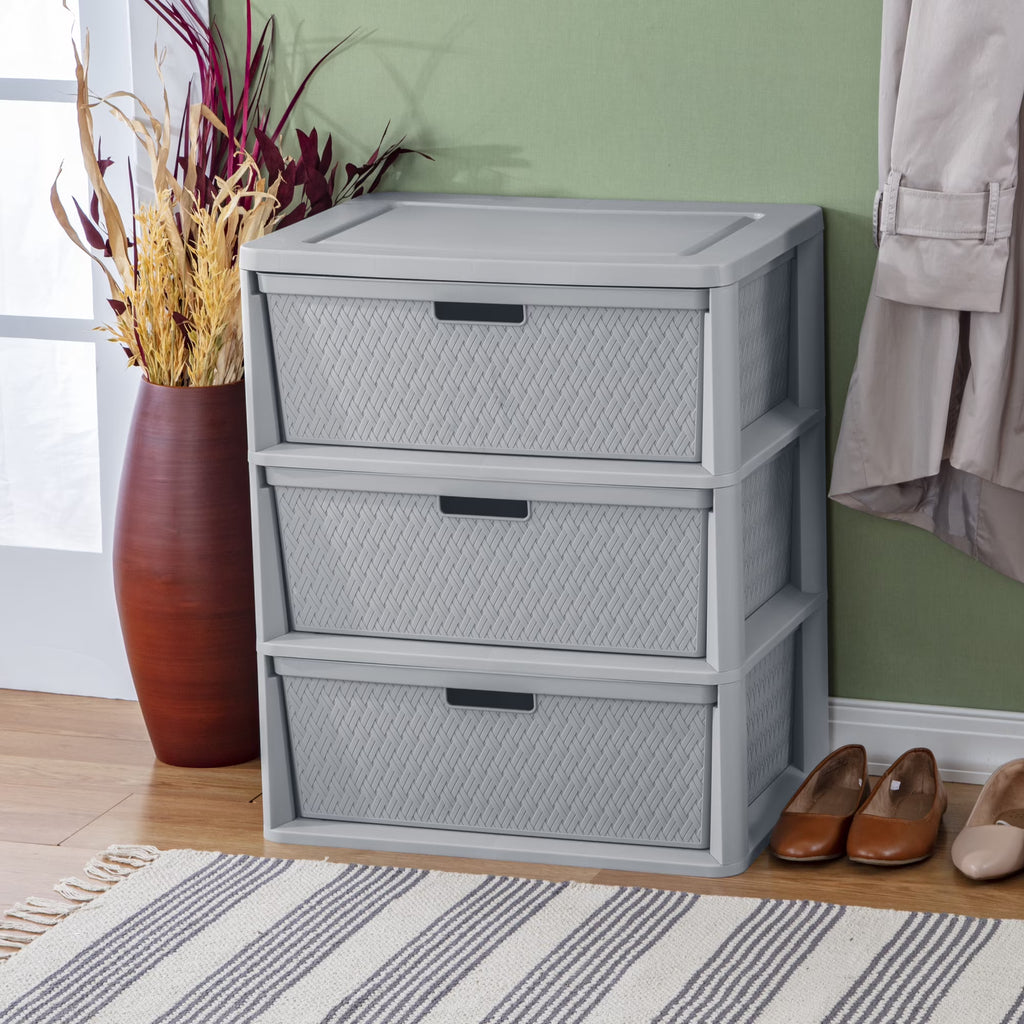 Wide 3-Drawer Plastic Storage Tower with Removable Decorative Bins – Gray