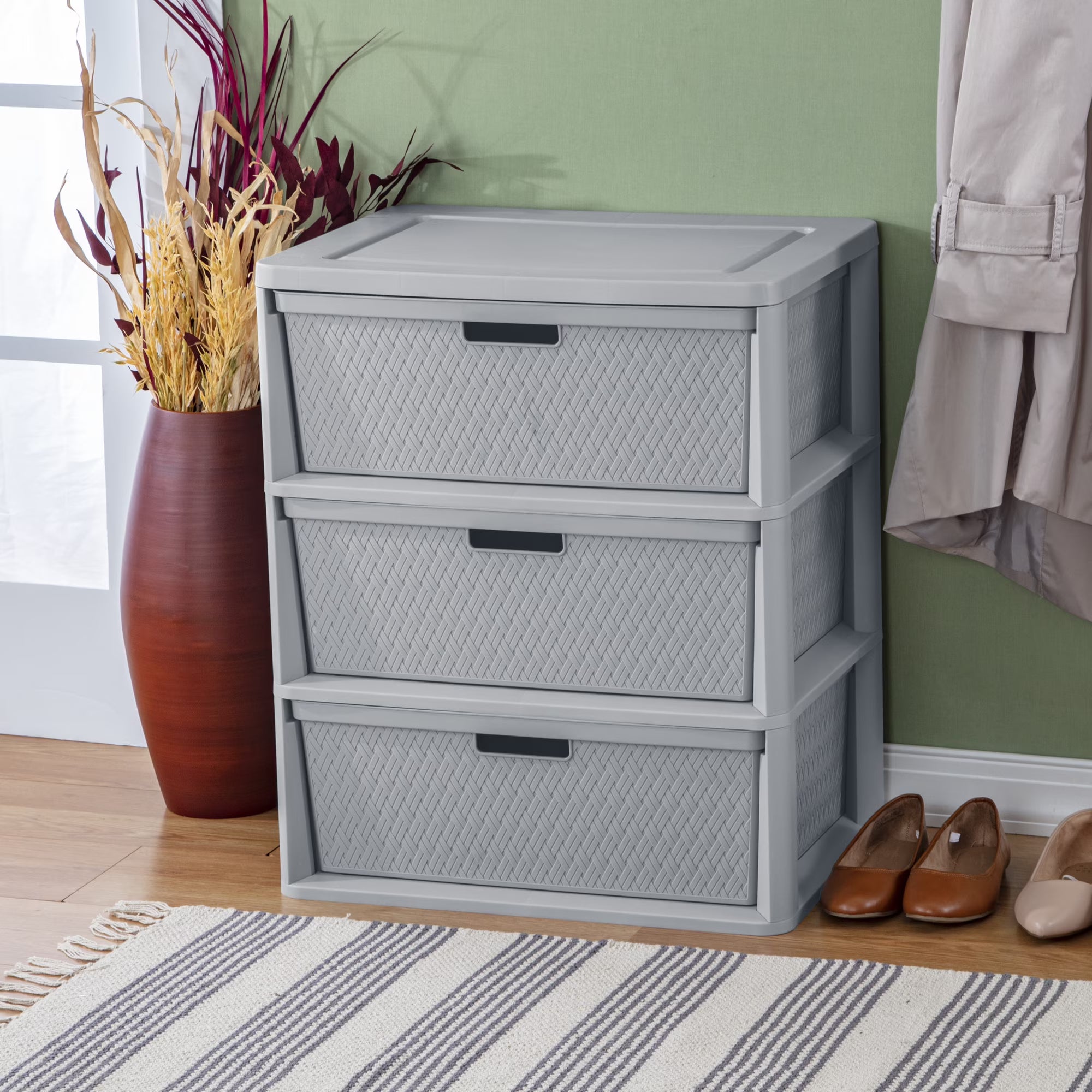 Wide 3-Drawer Plastic Storage Tower with Removable Decorative Bins – Gray