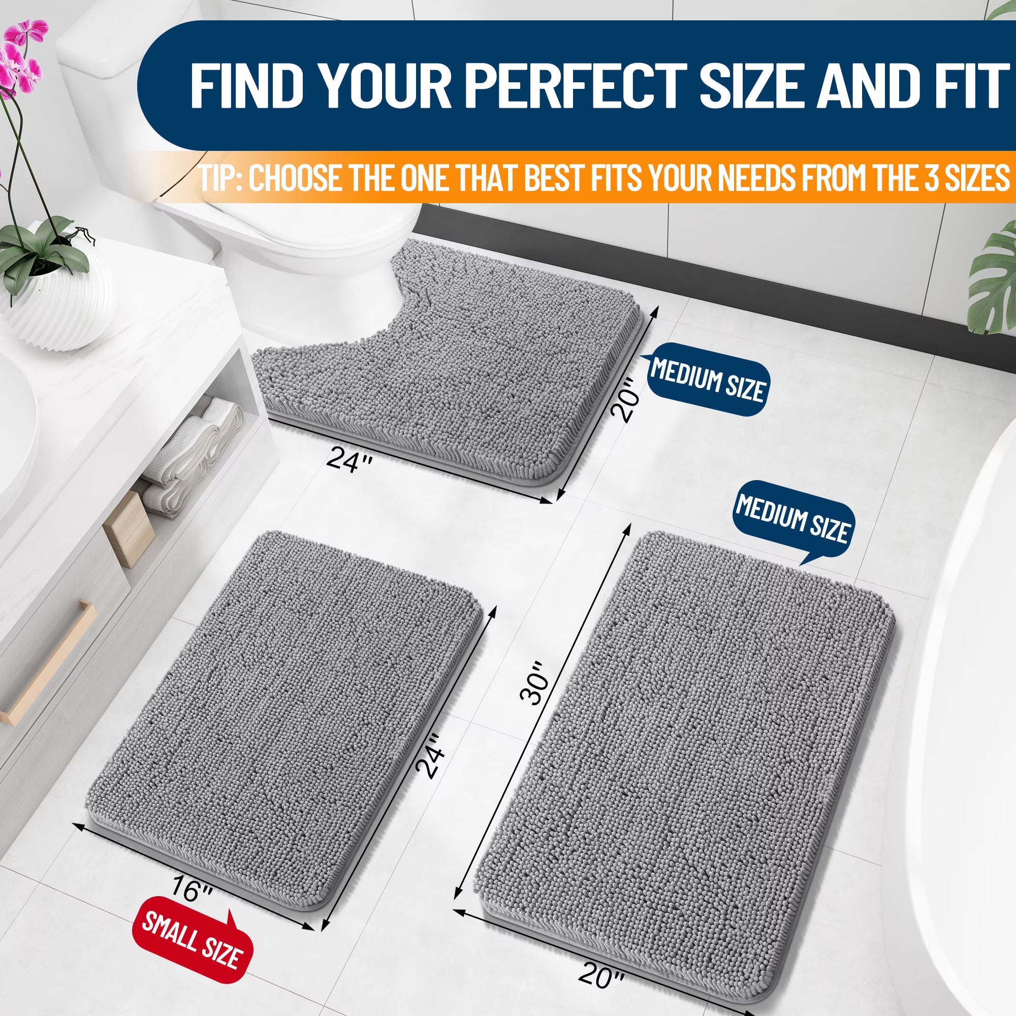 30" x 20" Grey Chenille Bathroom Rug – Quick Dry & Machine Washable