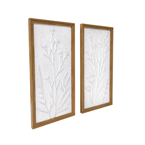 White Floral Framed Wall Art Print Set of 2, 10" x 20"