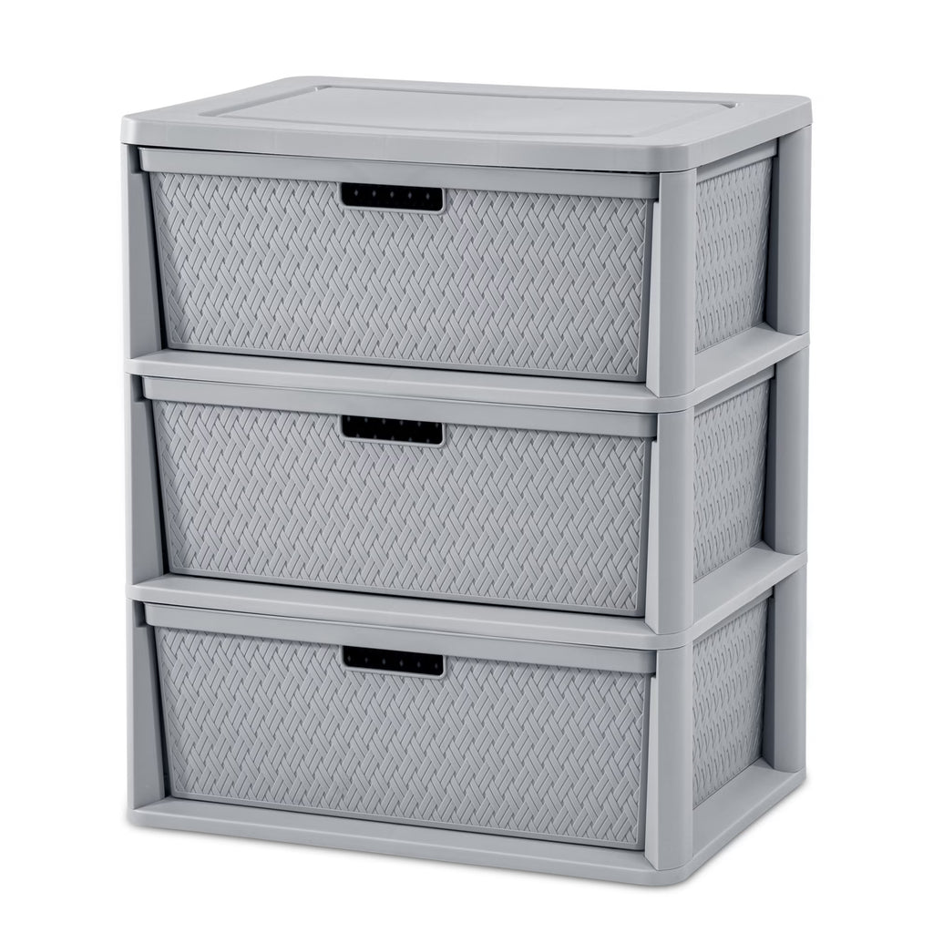 Wide 3-Drawer Plastic Storage Tower with Removable Decorative Bins – Gray