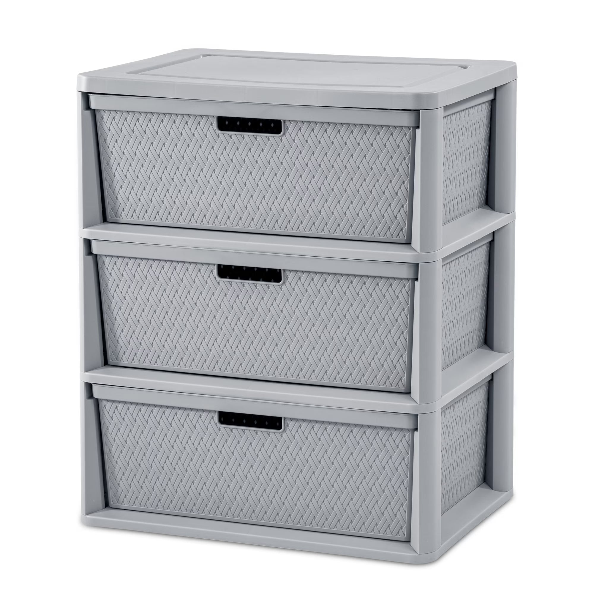 Wide 3-Drawer Plastic Storage Tower with Removable Decorative Bins – Gray