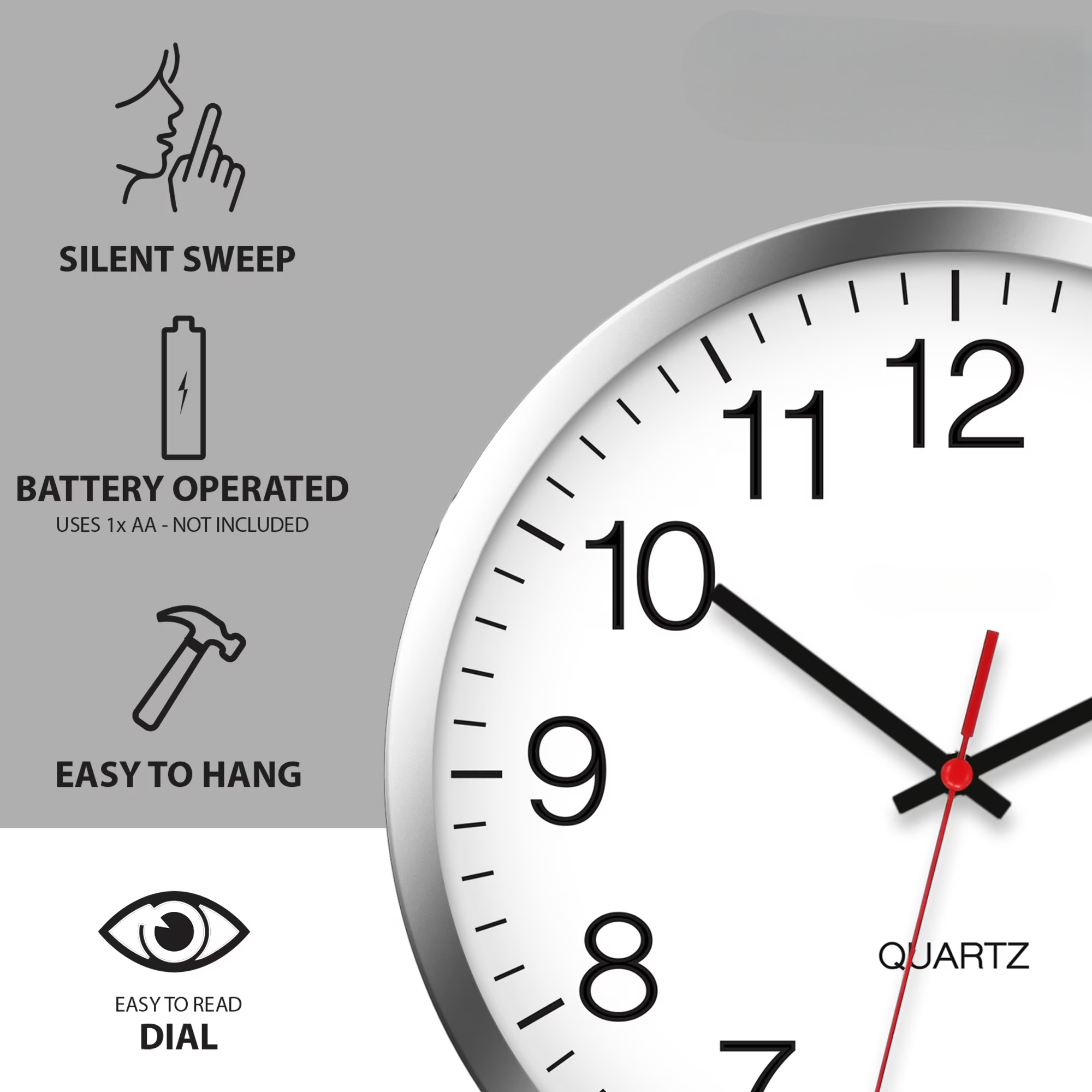 10-Inch Silent Non-Ticking Silver Chrome Wall Clock – Battery Operated
