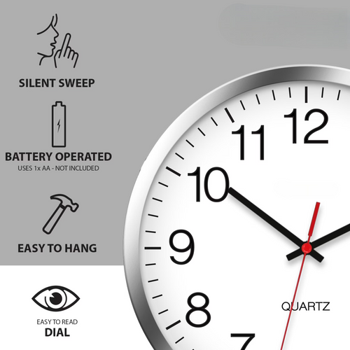 10-Inch Silent Non-Ticking Silver Chrome Wall Clock – Battery Operated