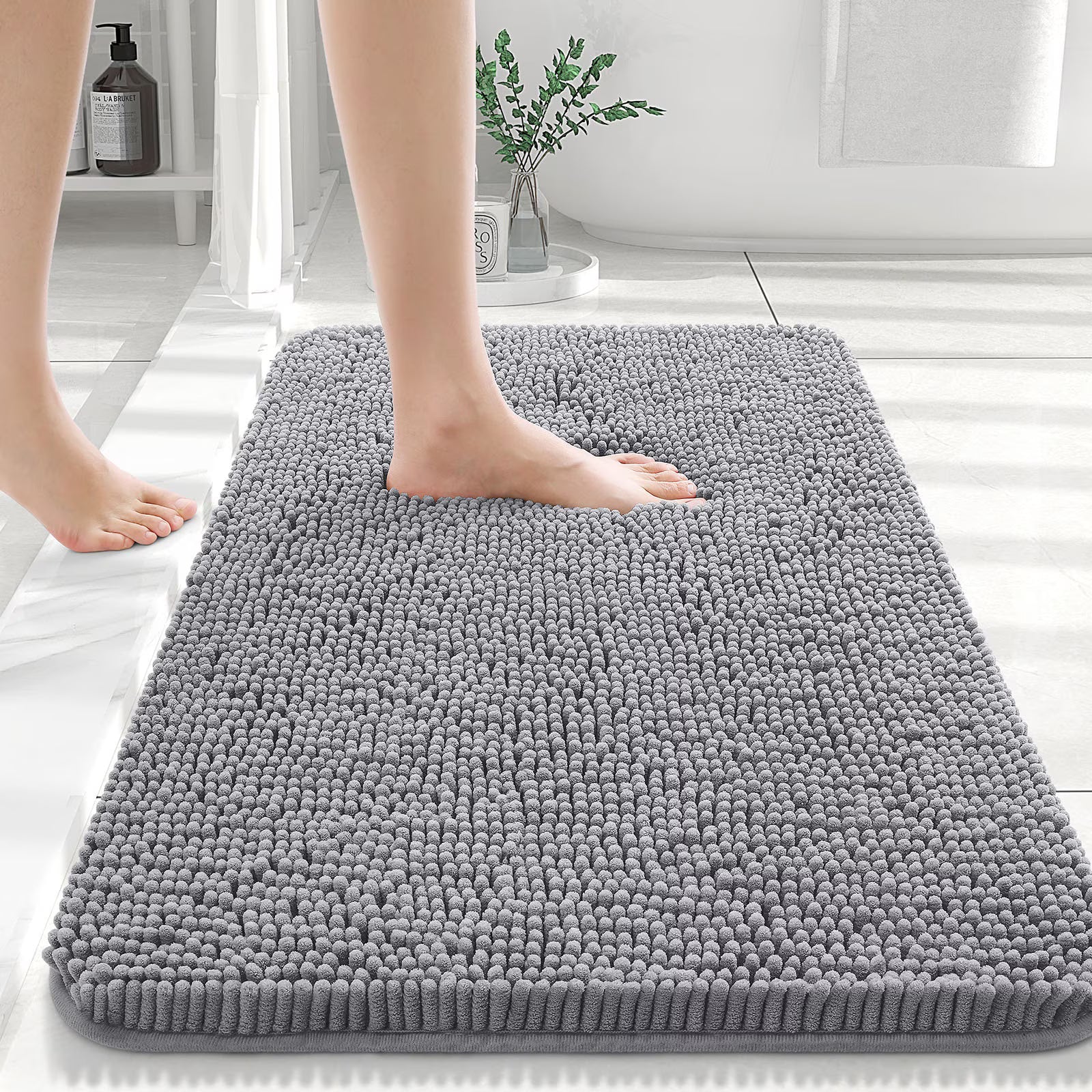 30" x 20" Grey Chenille Bathroom Rug – Quick Dry & Machine Washable